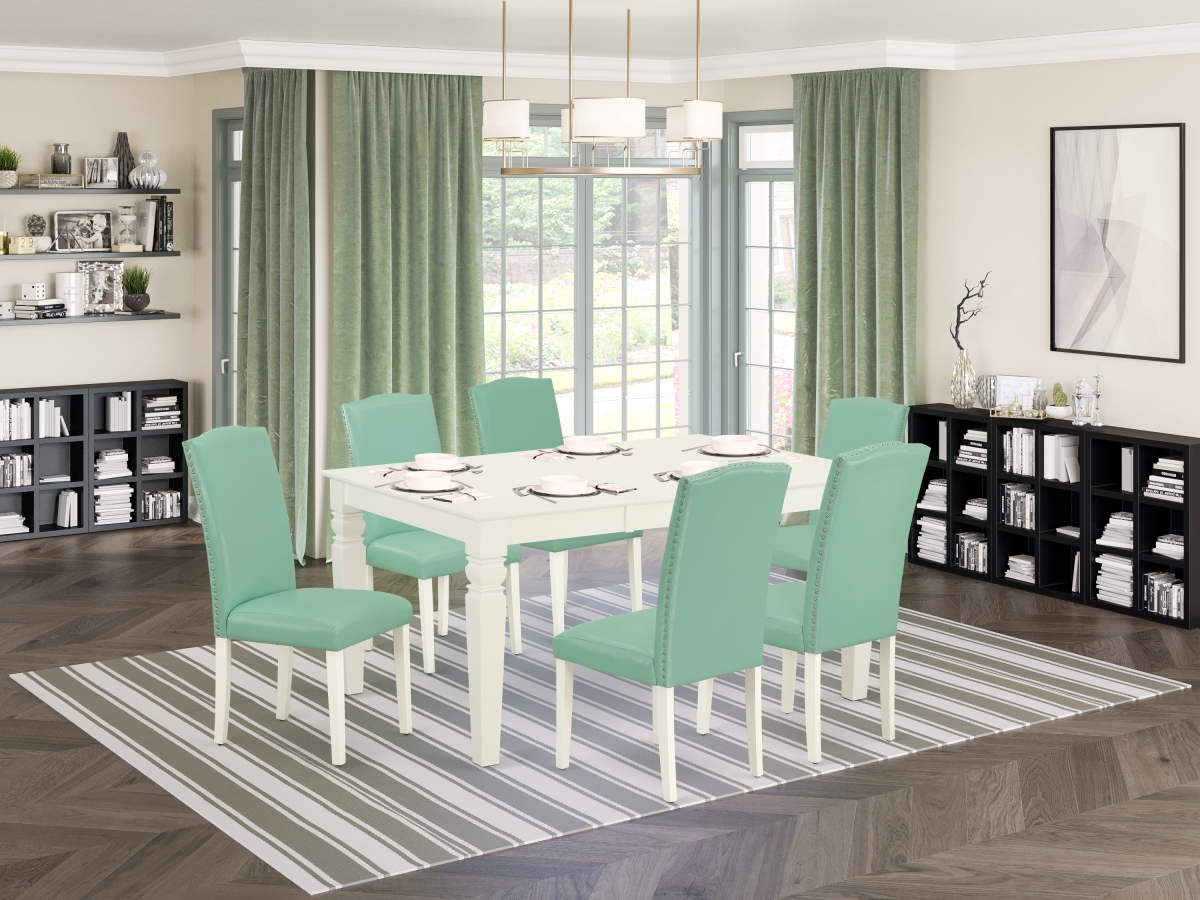 42-60 in. Weston Rectangular Dinette Table with 18 in. Leaf & 6 Parson Chair with Linen White Leg & Pu Leather - Pond, 7 Piece