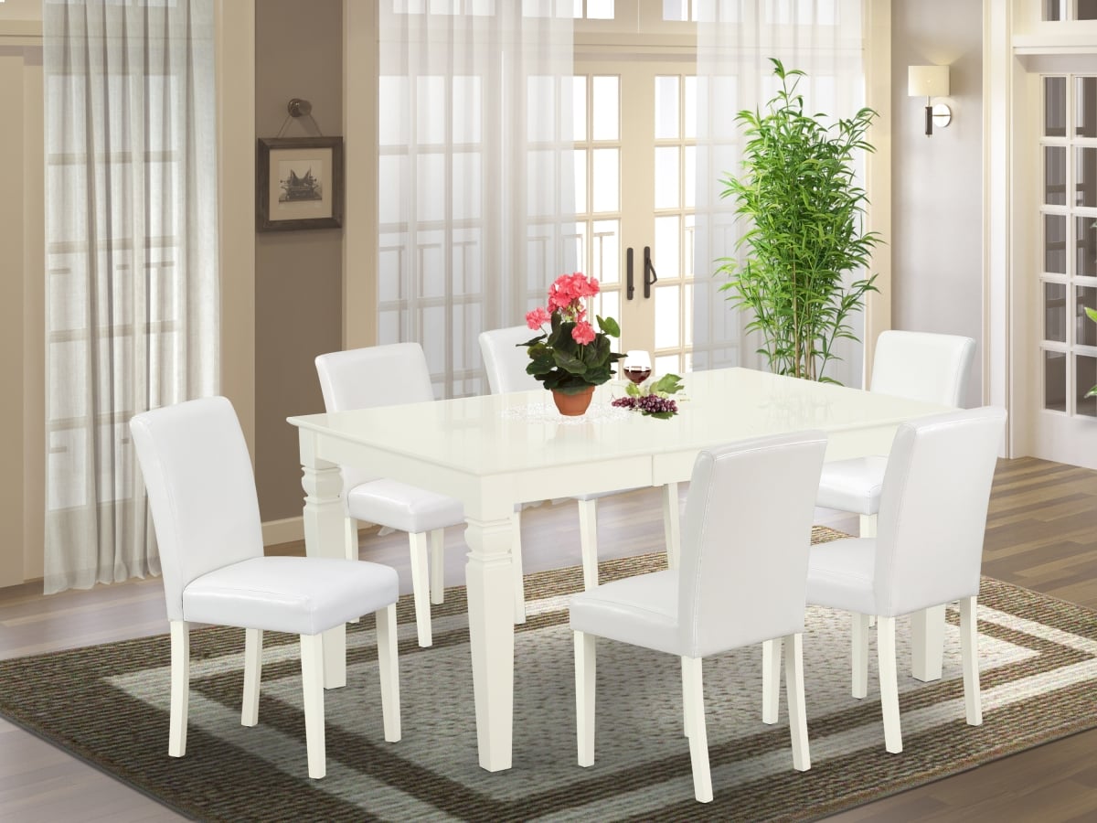 WEAB7-LWH-64 42-60 in. Weston Rectangular Dinette Table with 18 in. Leaf & 6 Parson Chair with Linen White Leg & Pu Leather - White, 7 Piece