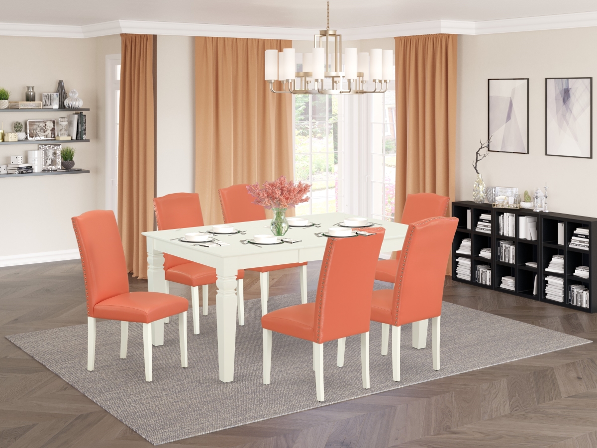 42-60 in. Weston Rectangular Dinette Table with 18 in. Leaf & 6 Parson Chair with Linen White Leg & Pu Leather - Pink Flamingo, 7 Piece