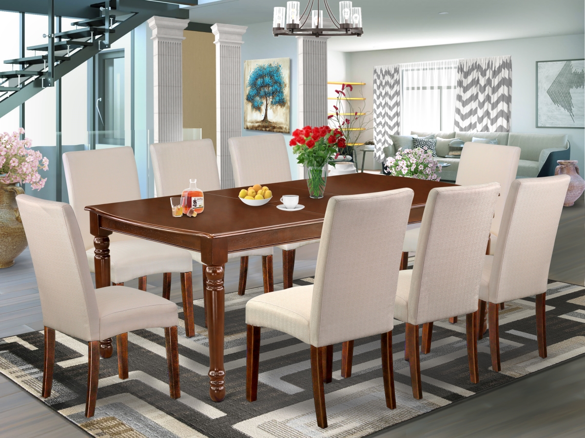 DODR9-MAH-01 60-78 in. Dover Rectangle Dining Table with 18 in. Leaf & 8 Parson Chair with Mahogany Leg & Linen Fabric - Cream, 9 Piece