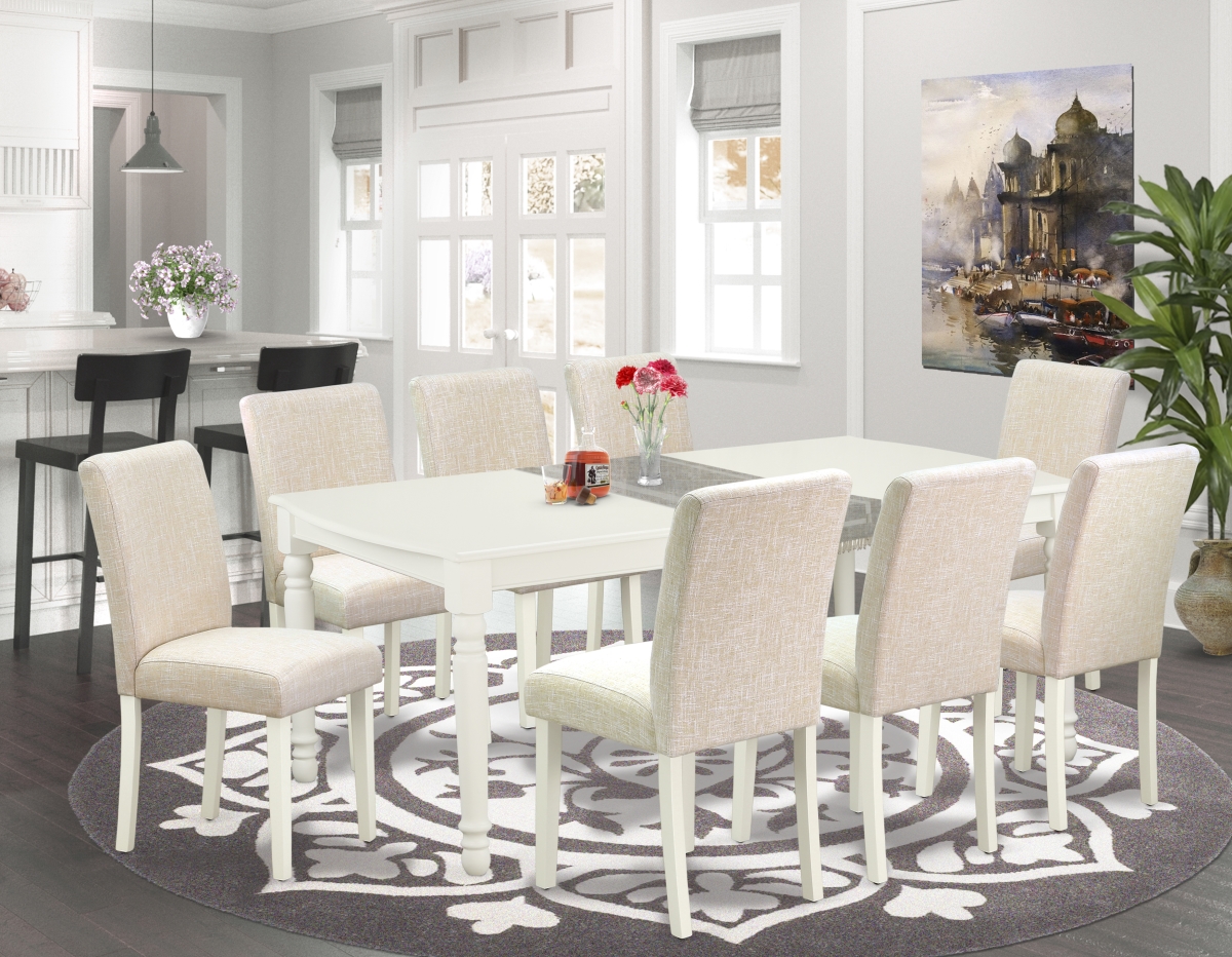 60-78 in. Dover Rectangle Dining Table with 18 in. Leaf & 8 Parson Chair with Linen White Leg & Linen Fabric - Light Beige, 9 Piece