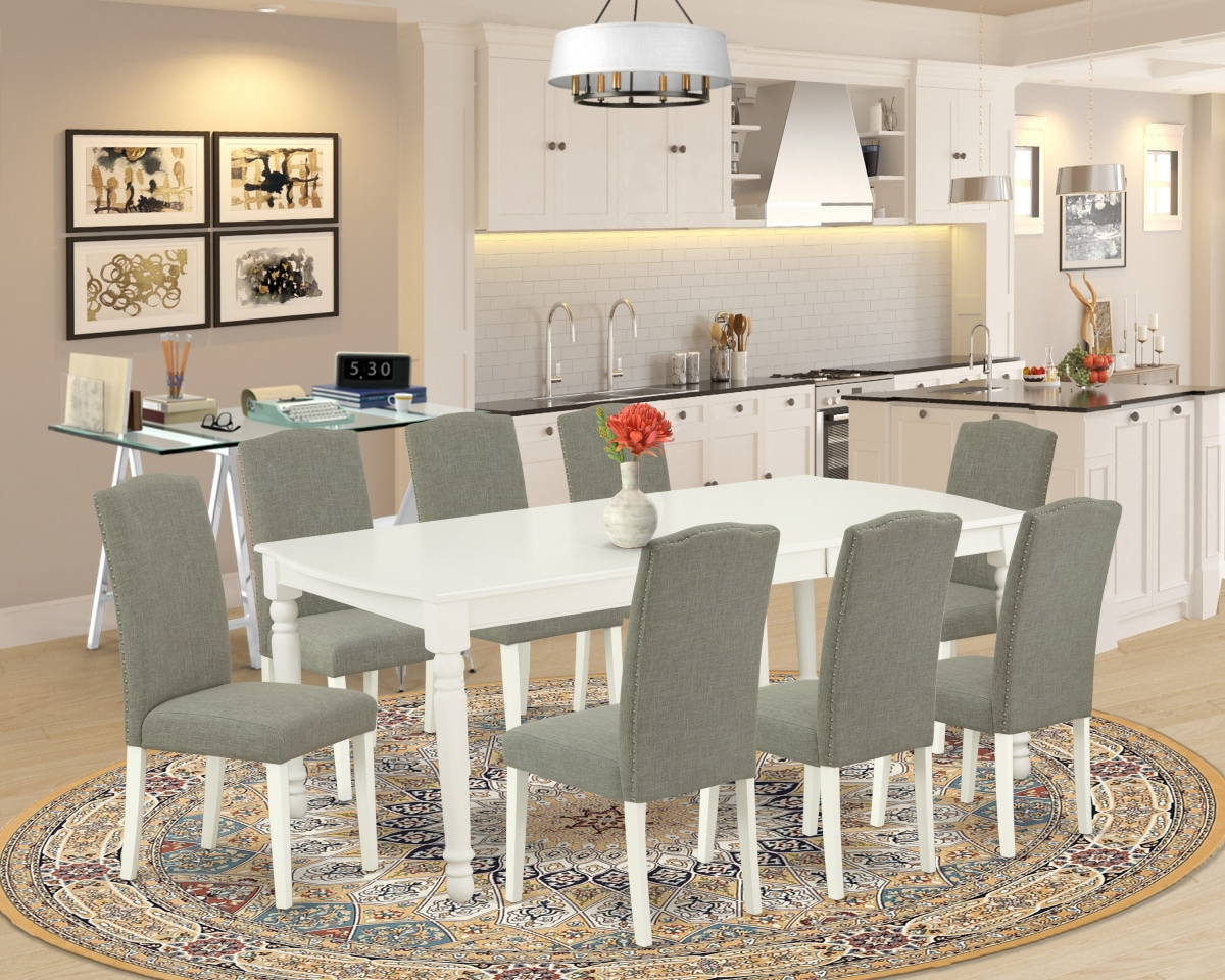 60-78 in. Dover Rectangle Dining Table with 18 in. Leaf & 8 Parson Chair with Linen White Leg & Linen Fabric - Dark Shitake, 9 Piece