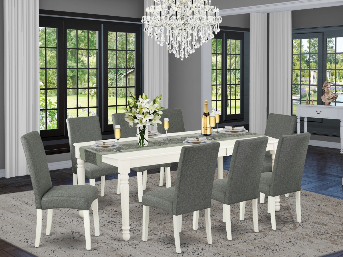 DODR9-LWH-07 60-78 in. Dover Rectangle Dining Table with 18 in. Leaf & 8 Parson Chair with Linen White Leg & Linen Fabric - Gray, 9 Piece