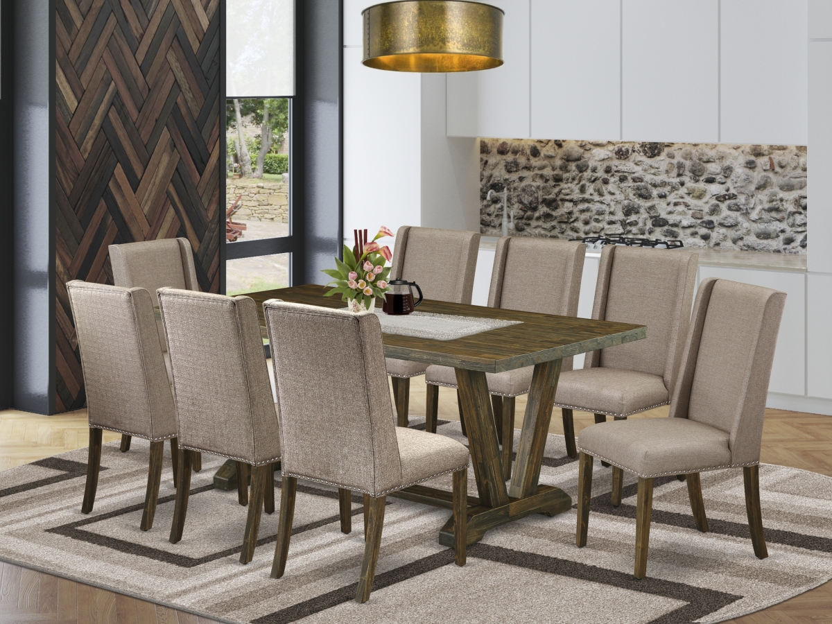 9 Piece V-Style Modern Dining Table Set - Dark Khaki