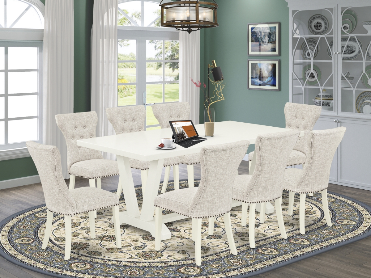 9 Piece V-Style Modern Dining Set - Linen White