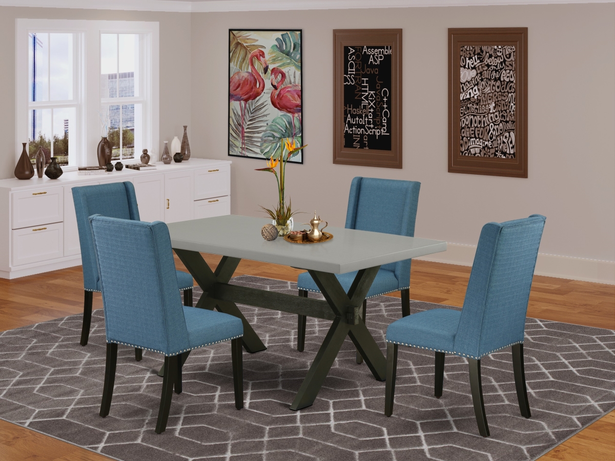 5 Piece X-Style Dining Set - Mineral Blue, Cement & Wire Brushed Black