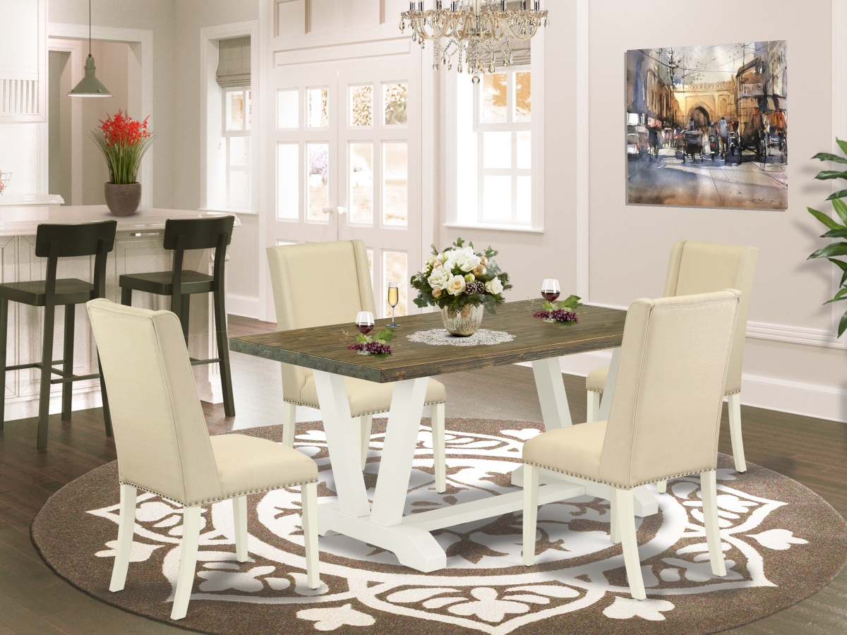 5 Piece V-Style Stylish Dining Room Table Set - Cream, Distressed Jacobean & Linen White