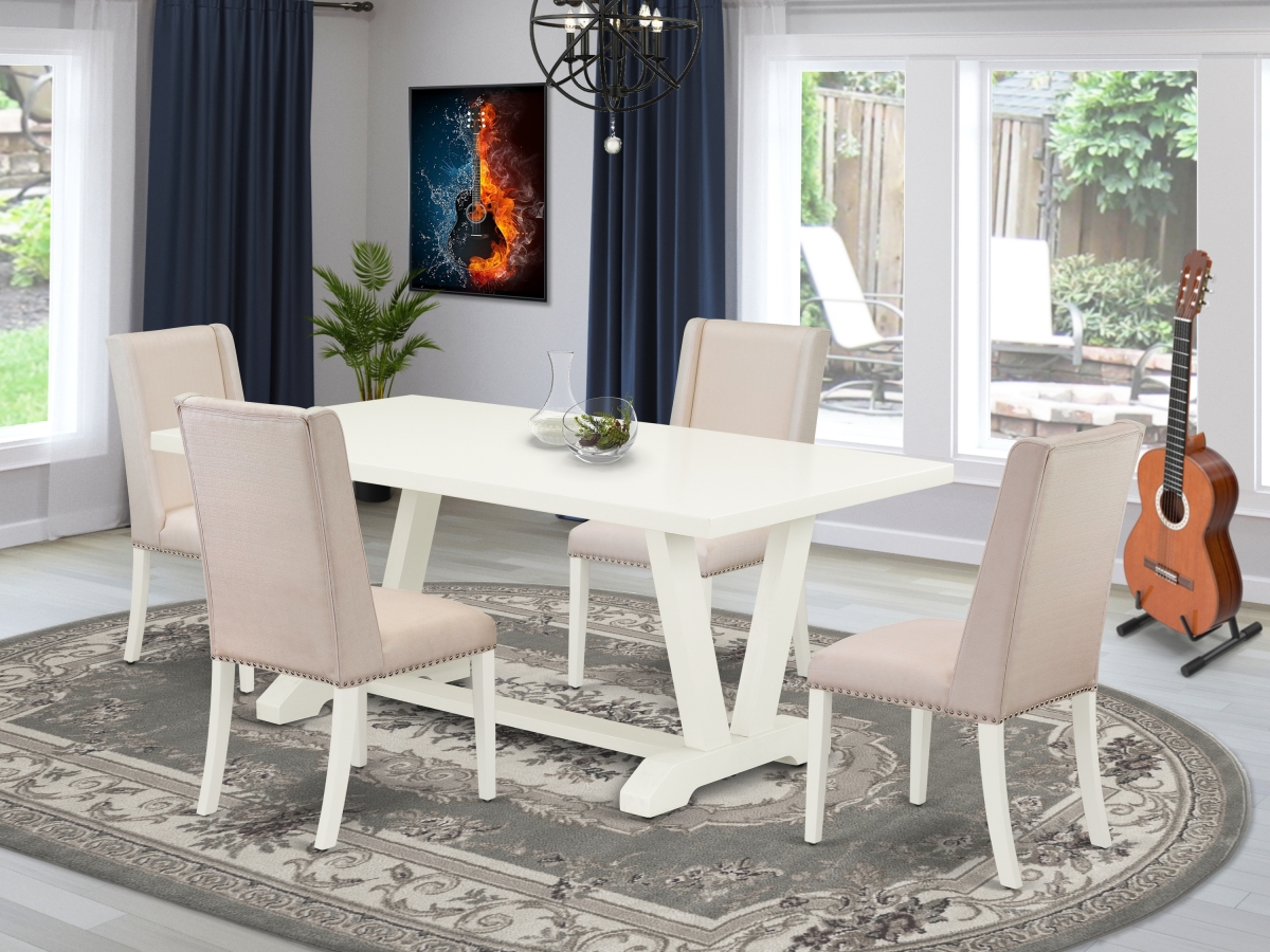 5 Piece V-Style Beautiful Dining Room Set - Cream & Linen White