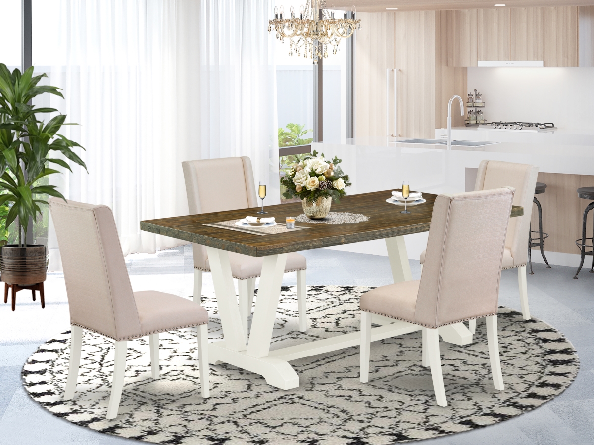 5 Piece V-Style Modern Kitchen Table Set - Cream, Distressed Jacobean & Linen White