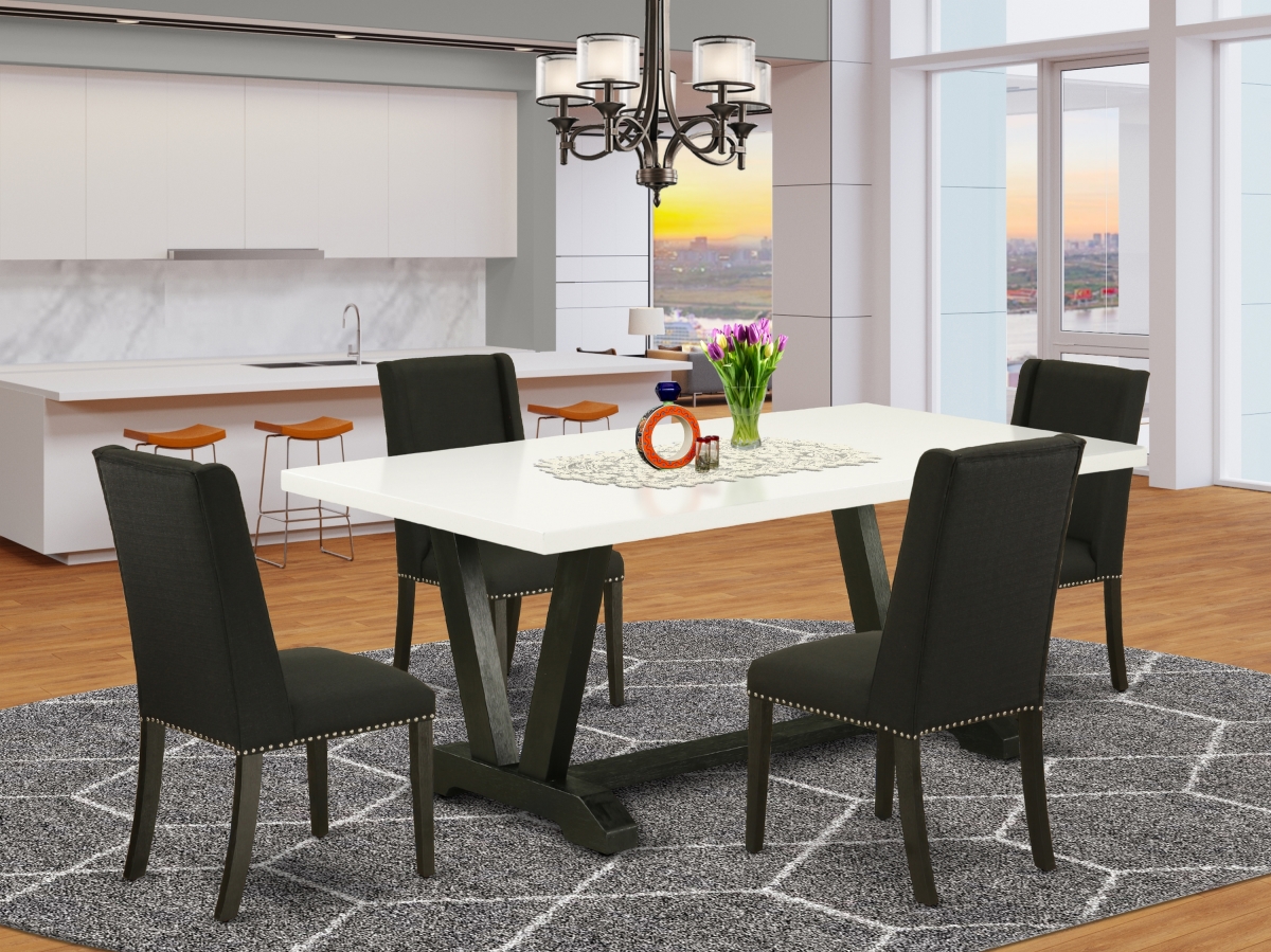 V627FL624-5 5 Piece V-Style Dining Room Set - Black & Linen White -  East West Furniture