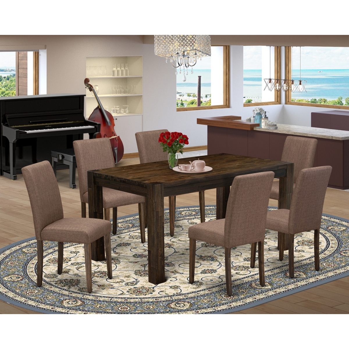 7 Piece Celina Dining Room Table Set - Distressed Jacobean & Light Sable