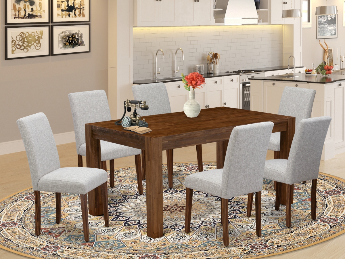 7 Piece Celina Wood Dining Table Set - Sand Blasting Antique Walnut & Doeskin