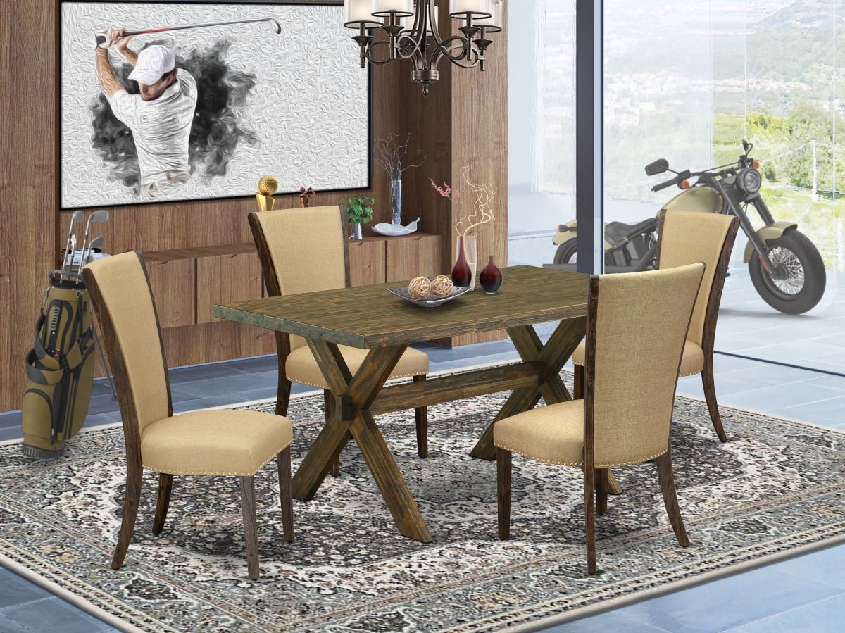 5 Piece X-Style Dining Table Set - Distressed Jacobean & Brown