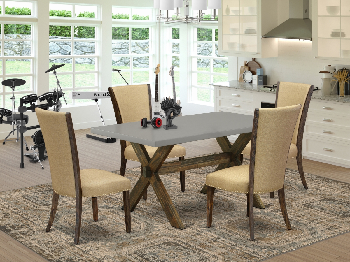 5 Piece X-Style Dining Table Set - Distressed Jacobean, Cement & Brown