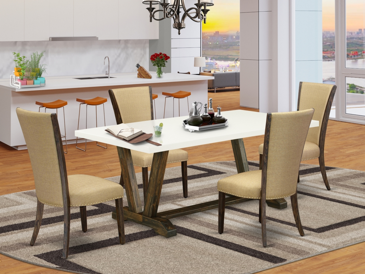 5 Piece V-Style Kitchen Furniture Set - Distressed Jacobean, Linen White & Brown