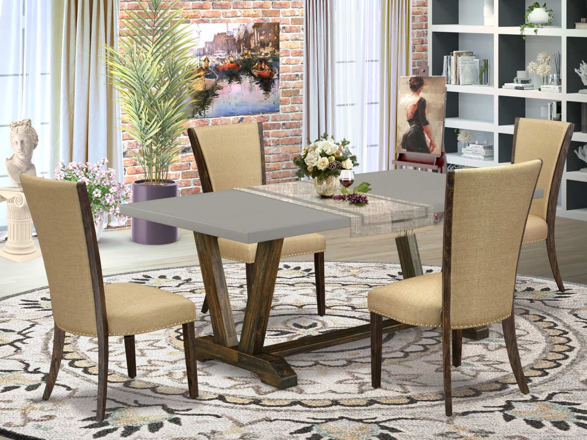 5 Piece V-Style Dining Table Set - Distressed Jacobean, Cement & Brown