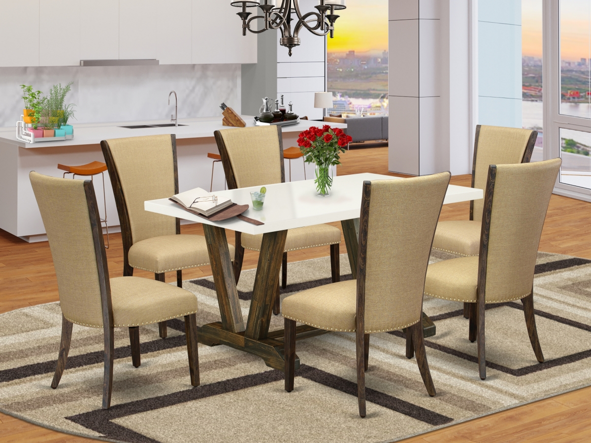 7 Piece V-Style Kitchen Table Set - Distressed Jacobean, Linen White & Brown