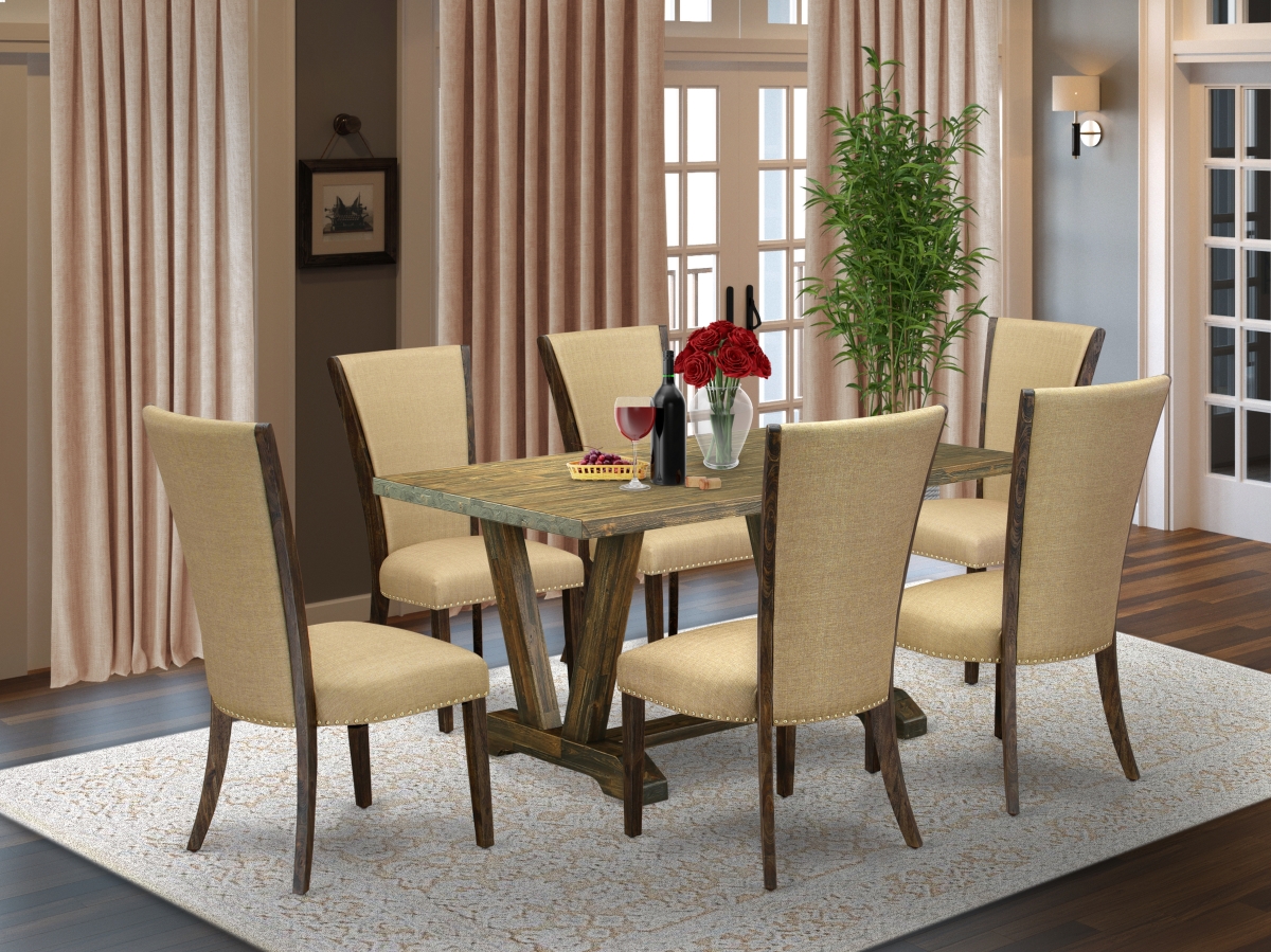 7 Piece V-Style Dining Room Table Set - Distressed Jacobean & Brown
