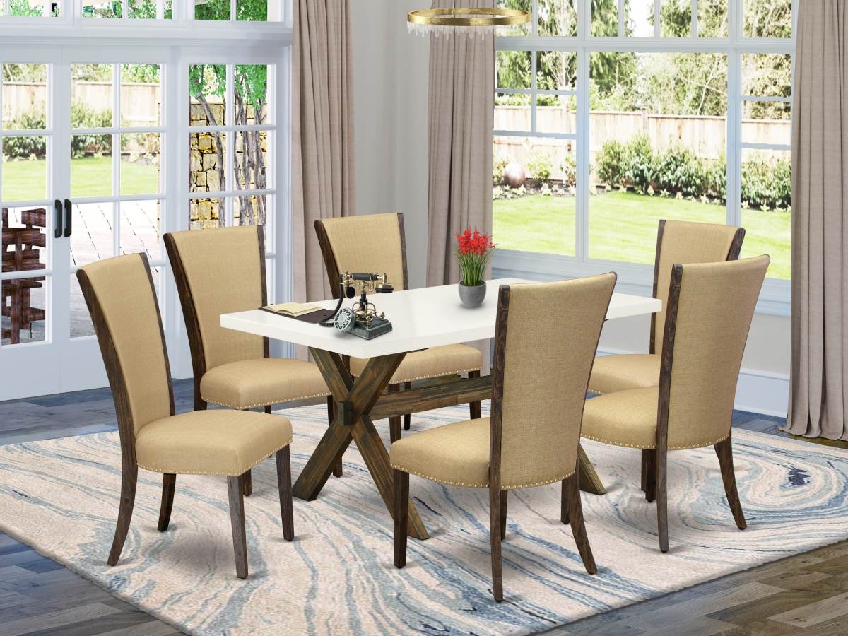 7 Piece X-Style Dining Room Table Set - Distressed Jacobean, Linen White & Brown