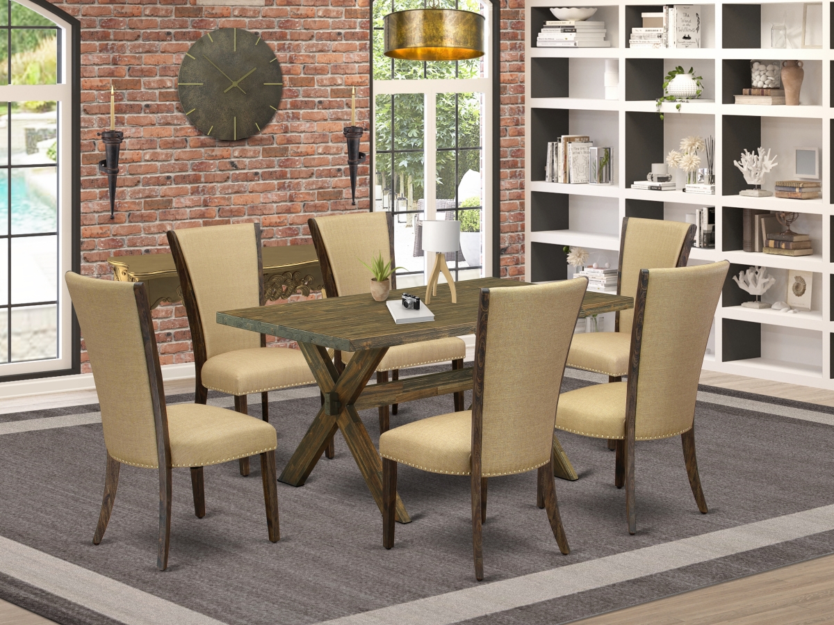 7 Piece X-Style Dining Room Table Set - Distressed Jacobean & Brown
