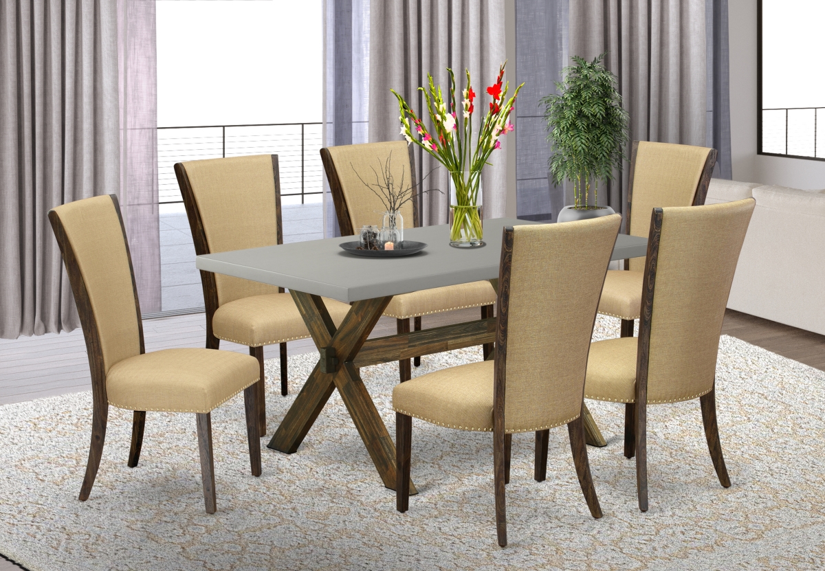 7 Piece X-Style Dining Room Table Set - Distressed Jacobean, Cement & Brown