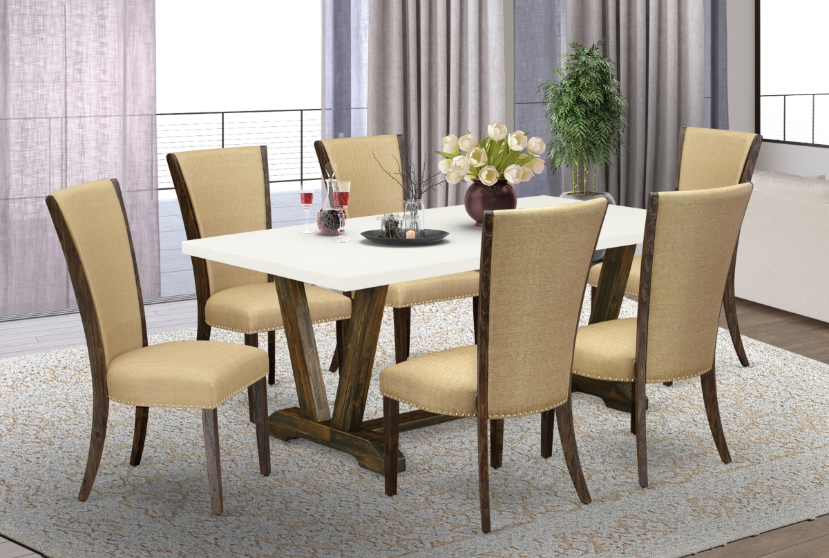 7 Piece V-Style Dinette Set - Distressed Jacobean, Linen White & Brown