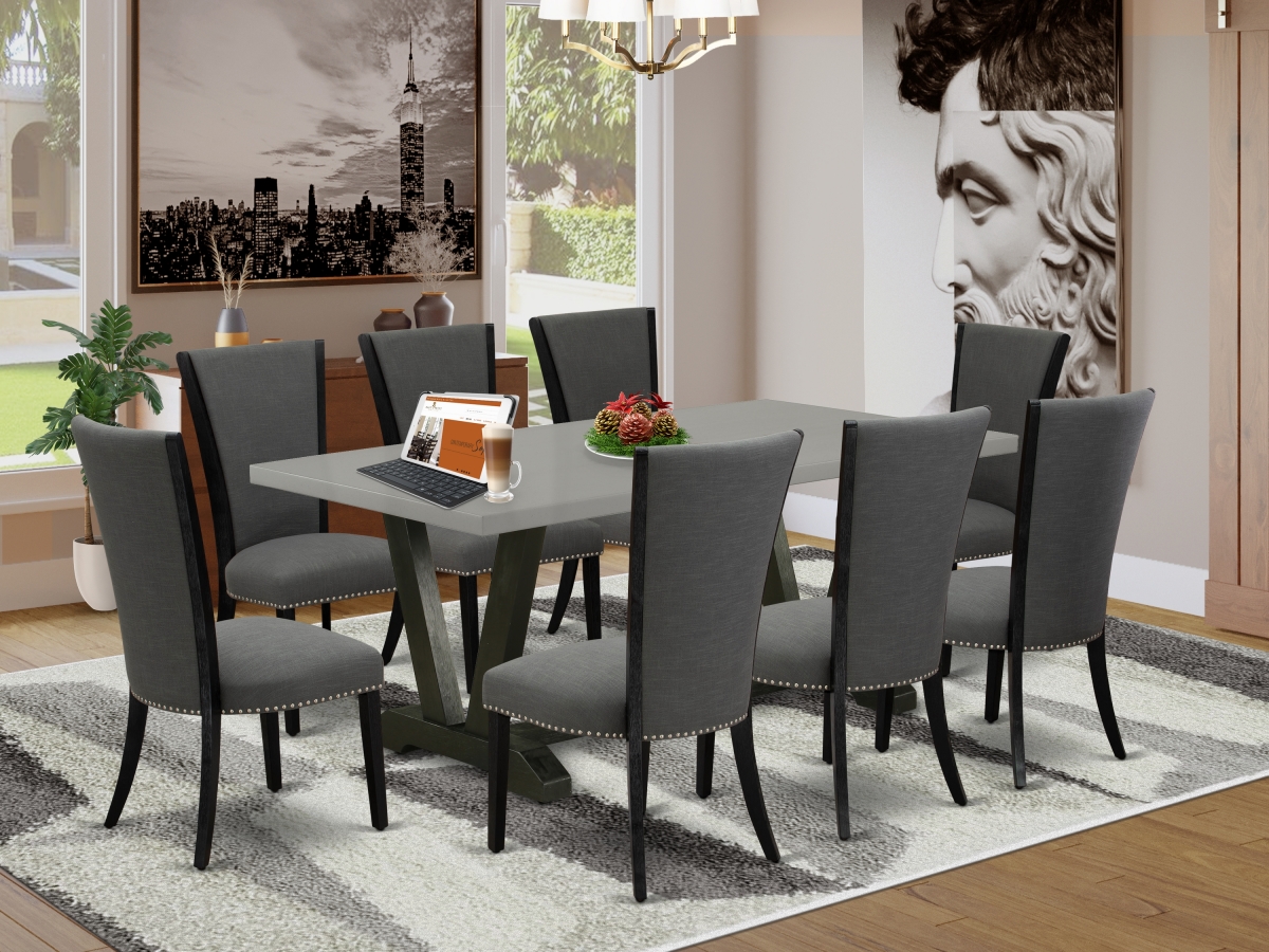 V697VE650-9 9 Piece V-Style Dinette Set - Wirebrushed Black, Cement & Dark Gotham Gray -  East West Furniture