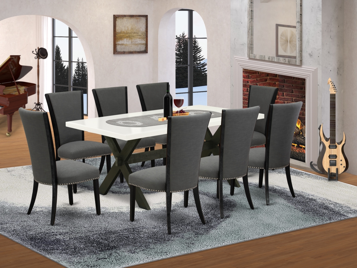 9 Piece X-Style Dining Set - Wirebrushed Black, Linen White & Dark Gotham Gray