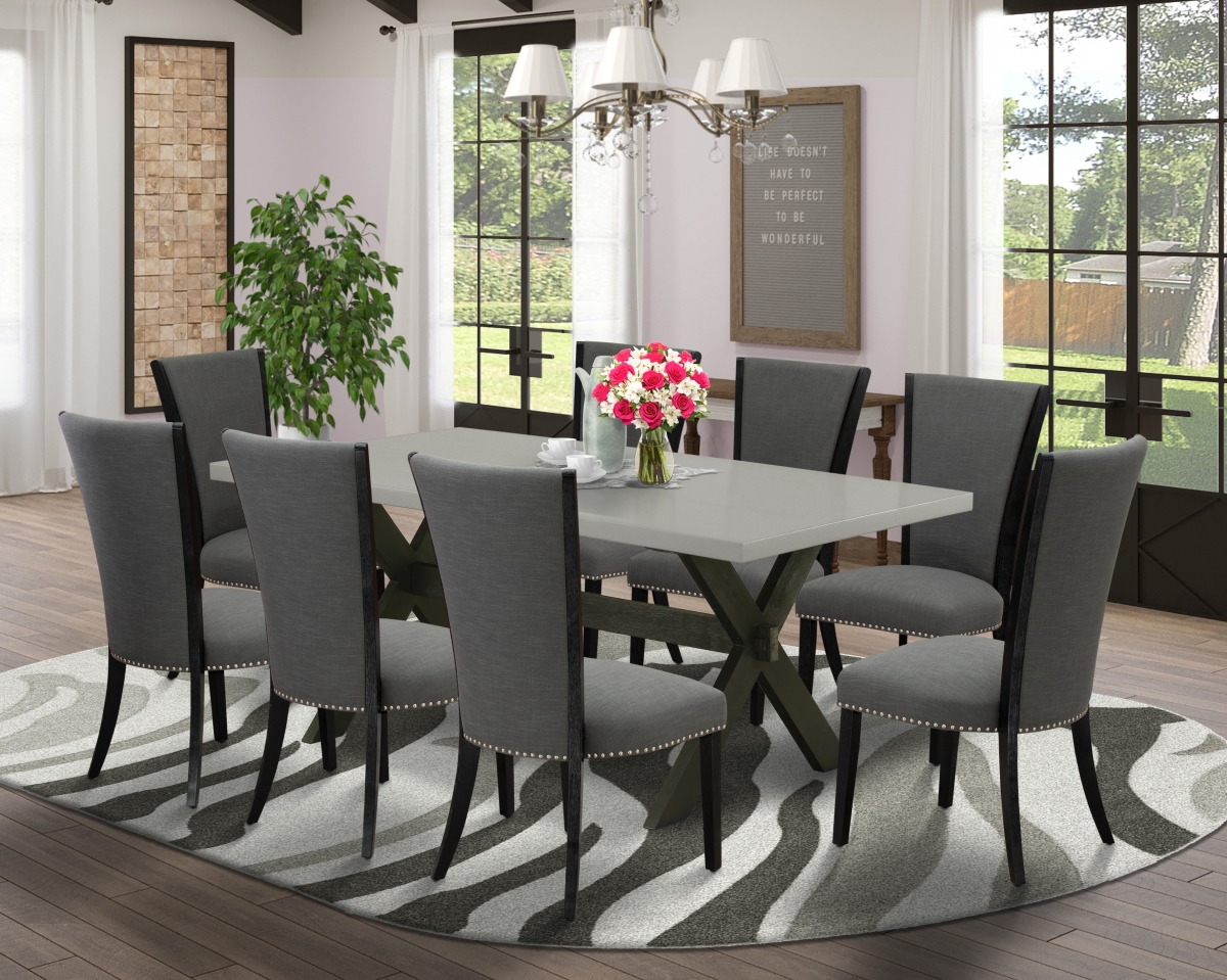 9 Piece X-Style Kitchen & Dining Room Table Set - Wirebrushed Black, Cement & Dark Gotham Gray