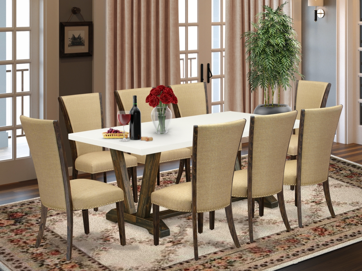9 Piece V-Style Dinette Set - Distressed Jacobean, Linen White & Brown