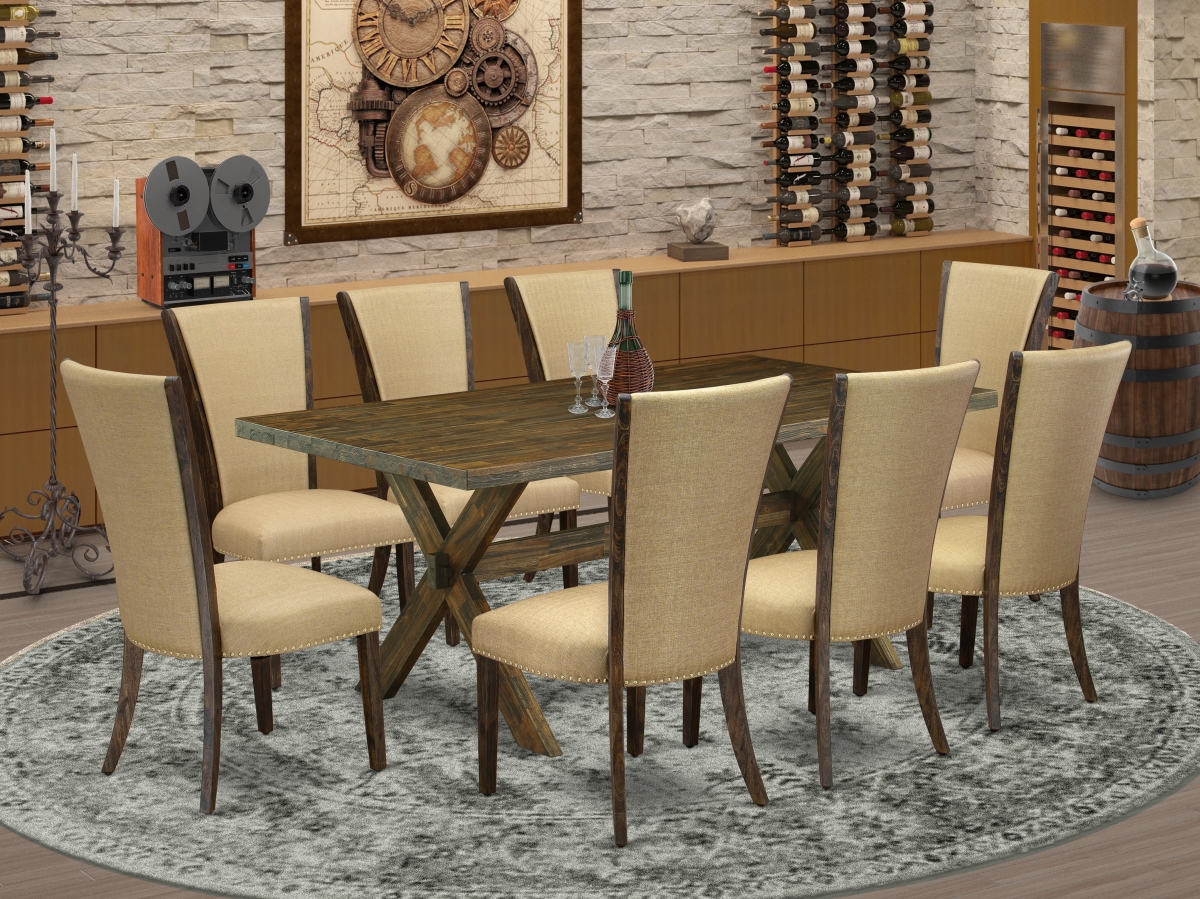 9 Piece X-Style Dining Table Set - Distressed Jacobean & Brown