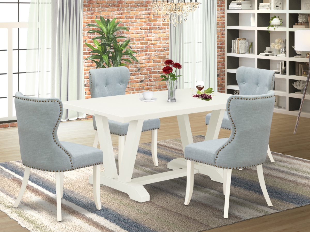5 Piece V-Style Dining Room Table Set - Wire Brushed Linen White