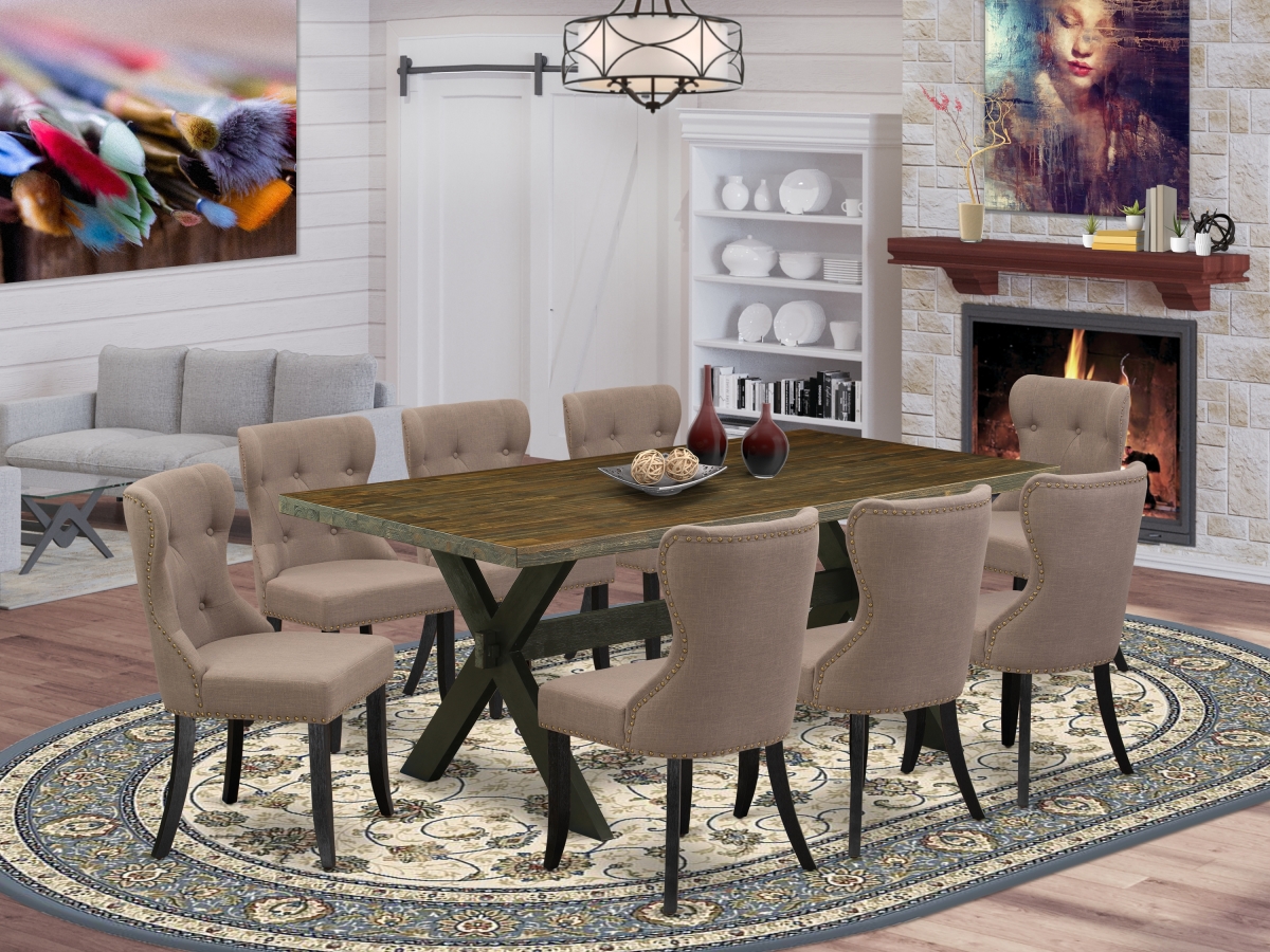 9 Piece X-Style Dining Room Table Set - Wire Brushed Black