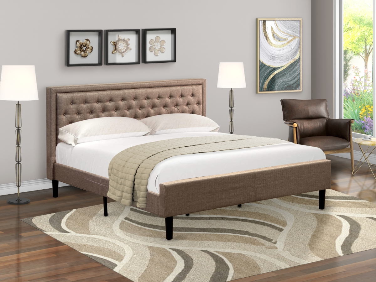Kendall Platform King Size Bed - Dark Khaki Linen Fabric Upholestered Bed Headboard with Button Tufted Trim Design - Black Legs