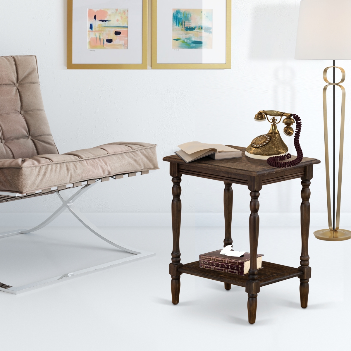Bedford Wood End Table with Open Storage Shelf & Modern Nightstand for Small Spaces - Distressed Jacobean