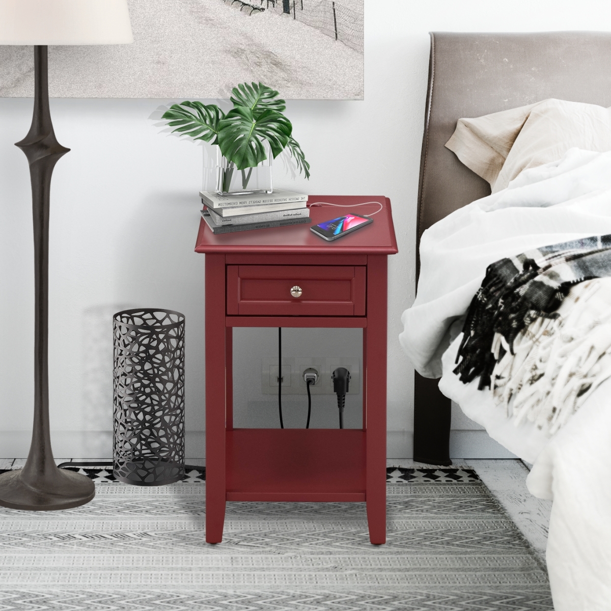 Denison Mid Century Night Stand with 1 Mid Century Modern Drawer - Burgundy
