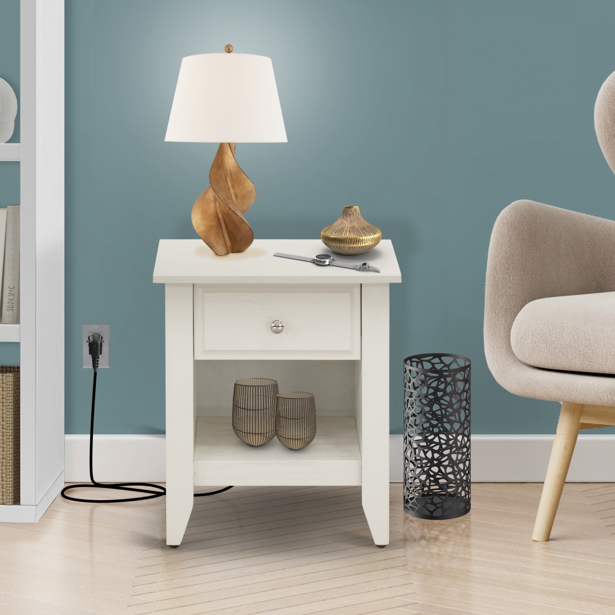 Gallatin Small Night Stand with 1 Mid Century Modern Drawer - Wire Brushed Butter Cream