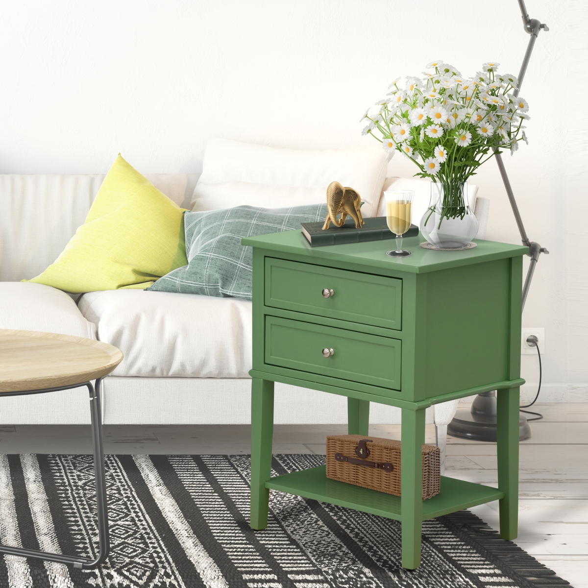 VL-12-ET Valencia Modern Wooden Nightstand with 2 Mid Century Wooden Drawers - Clover Green
