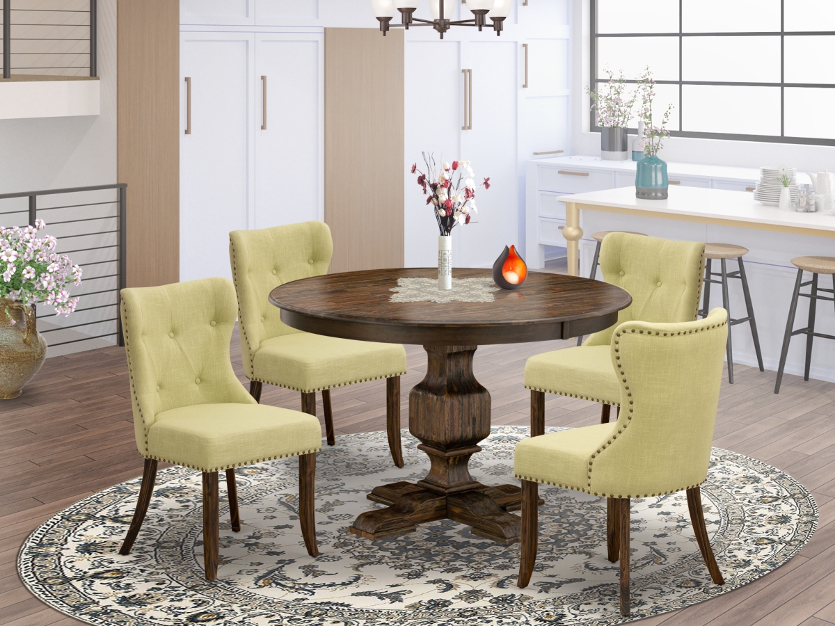 F3SI5-737 5 Piece Modern Dining Set - Limelight & Distressed Jacobean -  East West Furniture