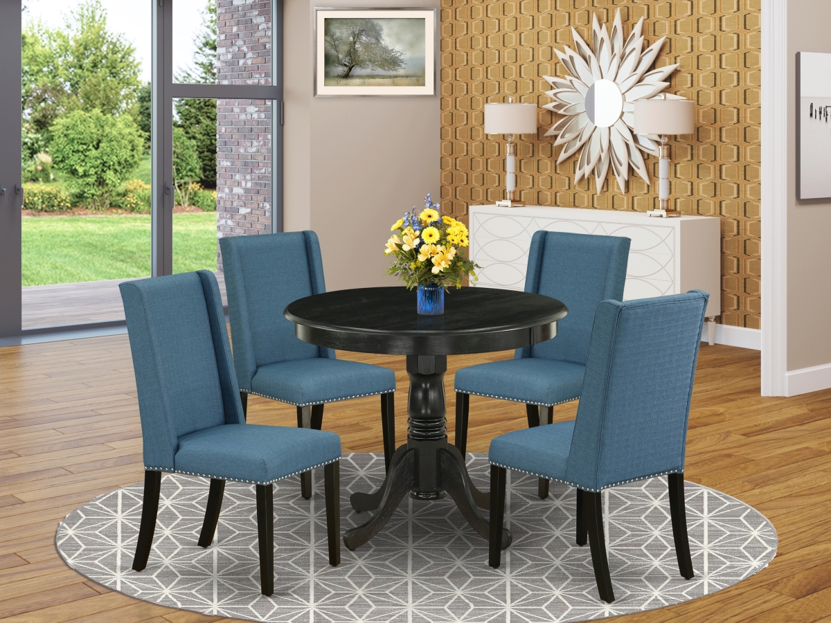 5 Piece Antique Mid Century Dining Table Set - Mineral Blue & Wire Brushed Black