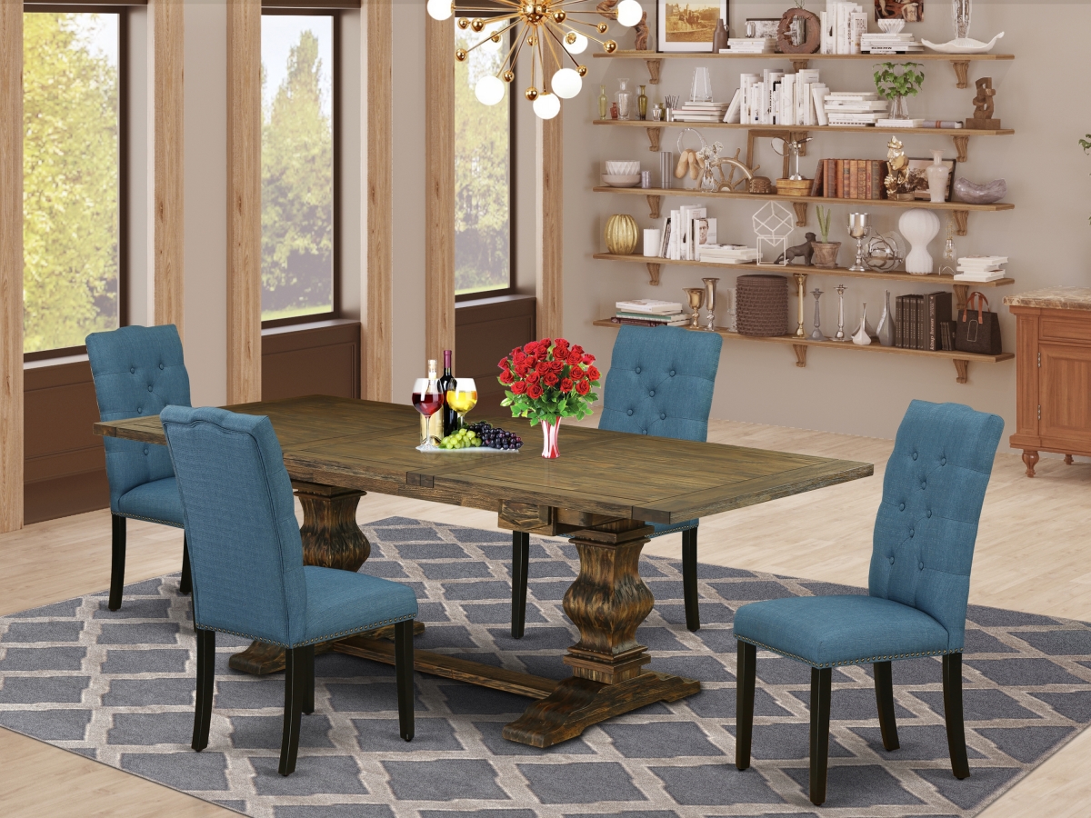 LAEL5-71-21 5 Piece Lassale Wood Dining Table Set - Distressed Jacobean, Black & Mineral Blue