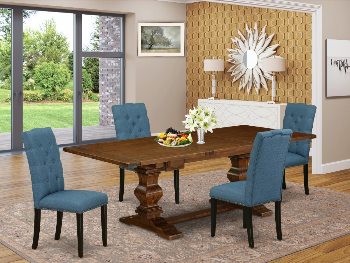 5 Piece Lassale Wooden Dining Table Set - Antique Walnut, Black & Mineral Blue