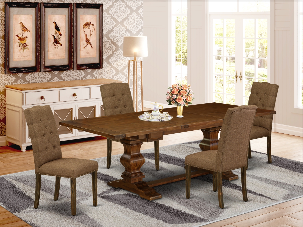 5 Piece Lassale Dining Table Set - Antique Walnut, Distressed Jacobean & Brown Beige