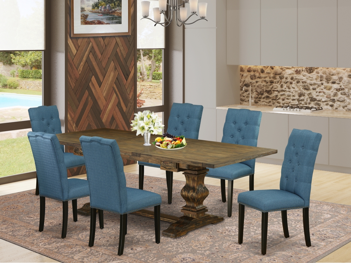 7 Piece Lassale Kitchen Table Set - Distressed Jacobean, Black & Mineral Blue