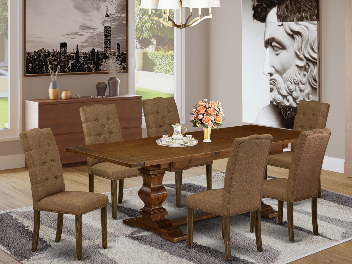 7 Piece Lassale Dining Table Set - Antique Walnut, Distressed Jacobean & Brown Beige