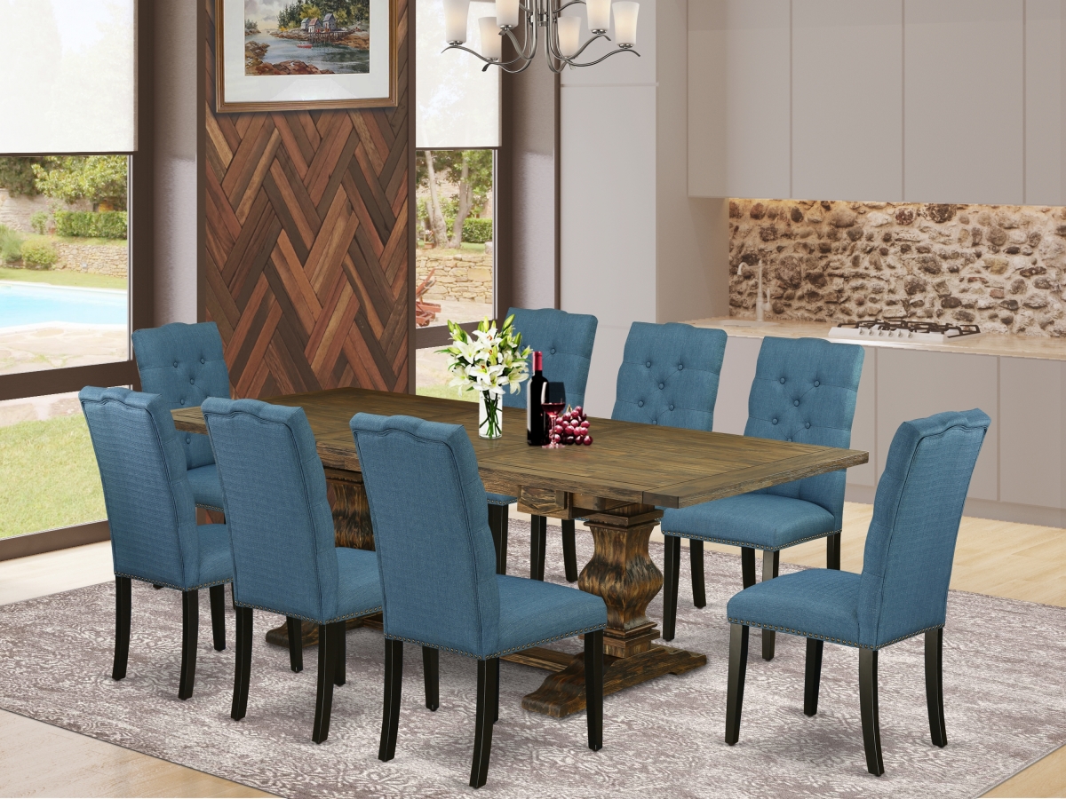 9 Piece Lassale Dining Table Set - Distressed Jacobean, Black & Mineral Blue