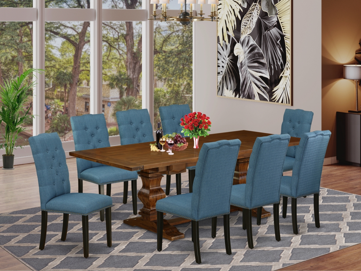 9 Piece Lassale Dining Table Set - Antique Walnut, Black & Mineral Blue