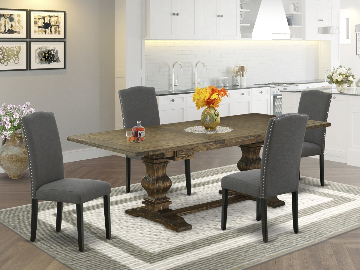 5 Piece Lassale Wood Dining Table Set - Distressed Jacobean, Black & Dark Gotham Gray