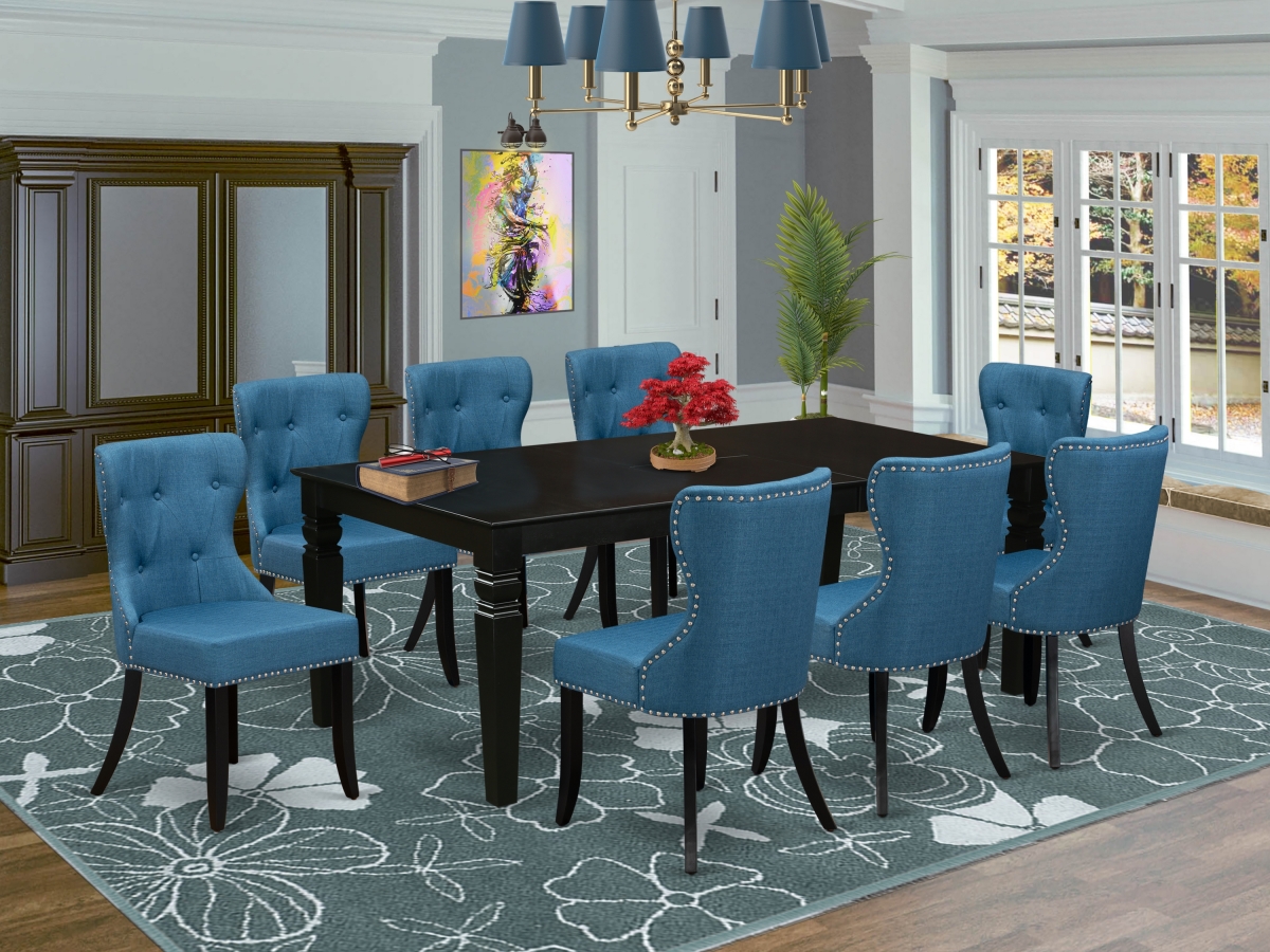 Logan Dining Room Table Set - Black & Mineral Blue, Set of 8