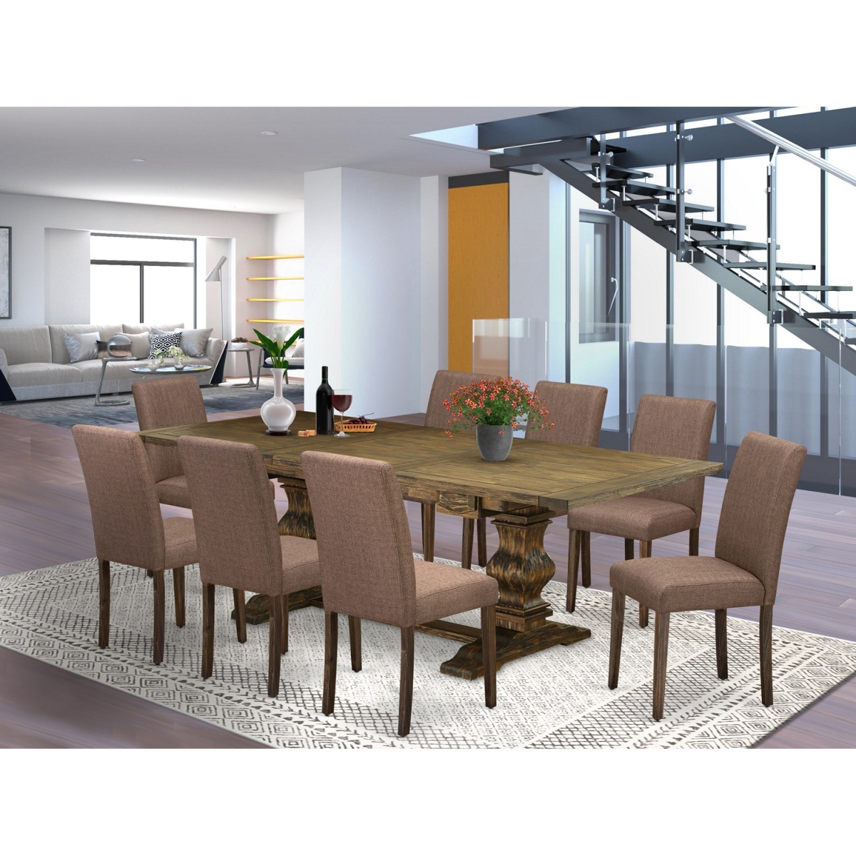 9 Piece Lassale Dining Room Table Set - Distressed Jacobean & Light Sable